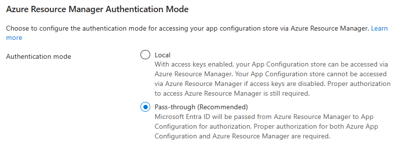 Schermopname van de passthrough-verificatiemodus die wordt geselecteerd onder de Verificatiemodus van Azure Resource Manager.