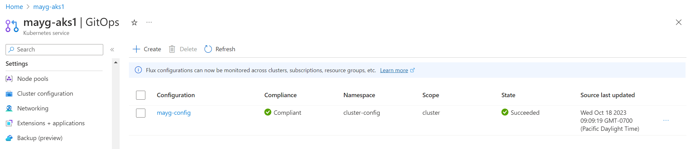 Screenshot of cluster compliance and other values in the Azure portal.