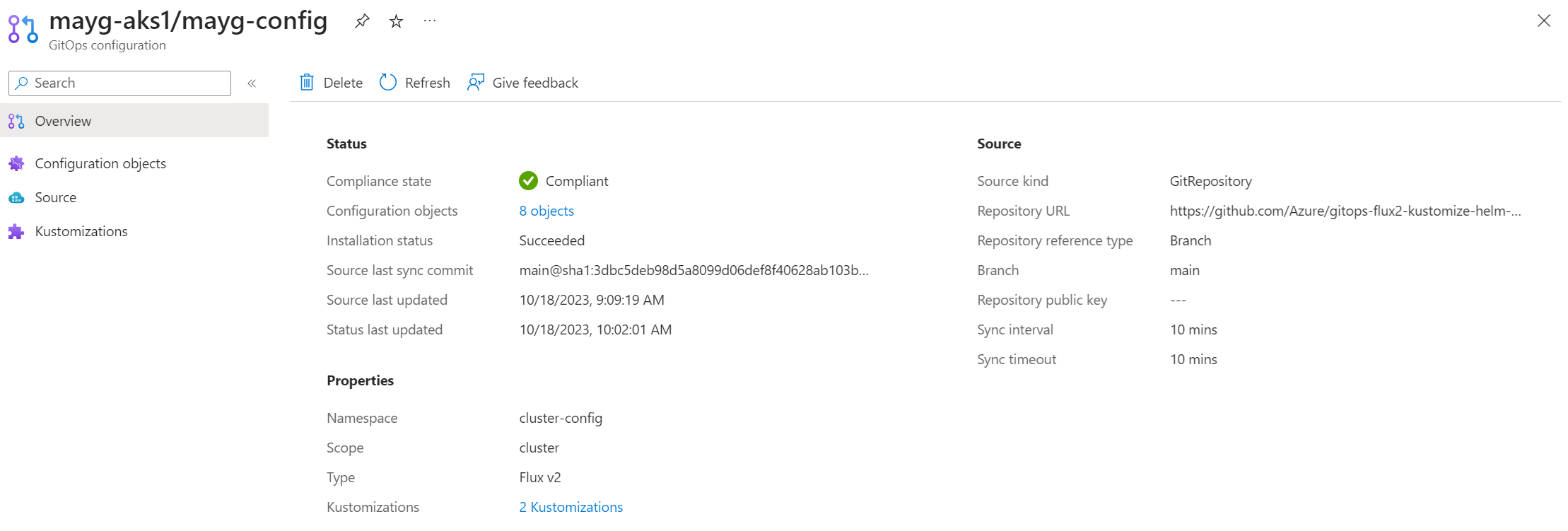 Screenshot of the Overview page of a Flux configuration in the Azure portal.