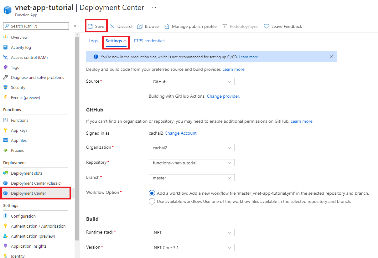 Schermopname van het implementeren van Azure Functions code via de portal.