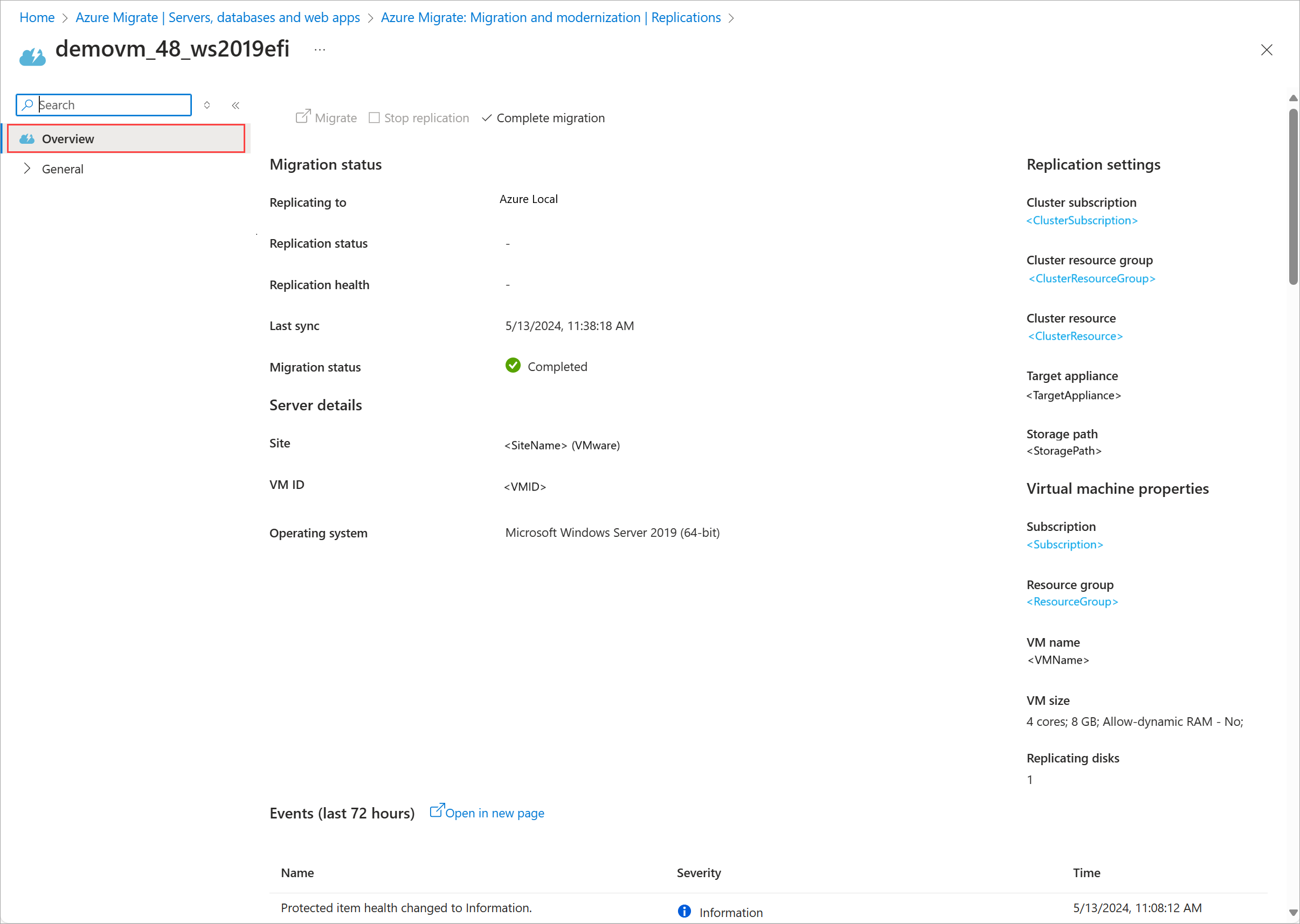 Schermopname van de replicatieweergave met een VIRTUELE machine geselecteerd in Azure Portal.
