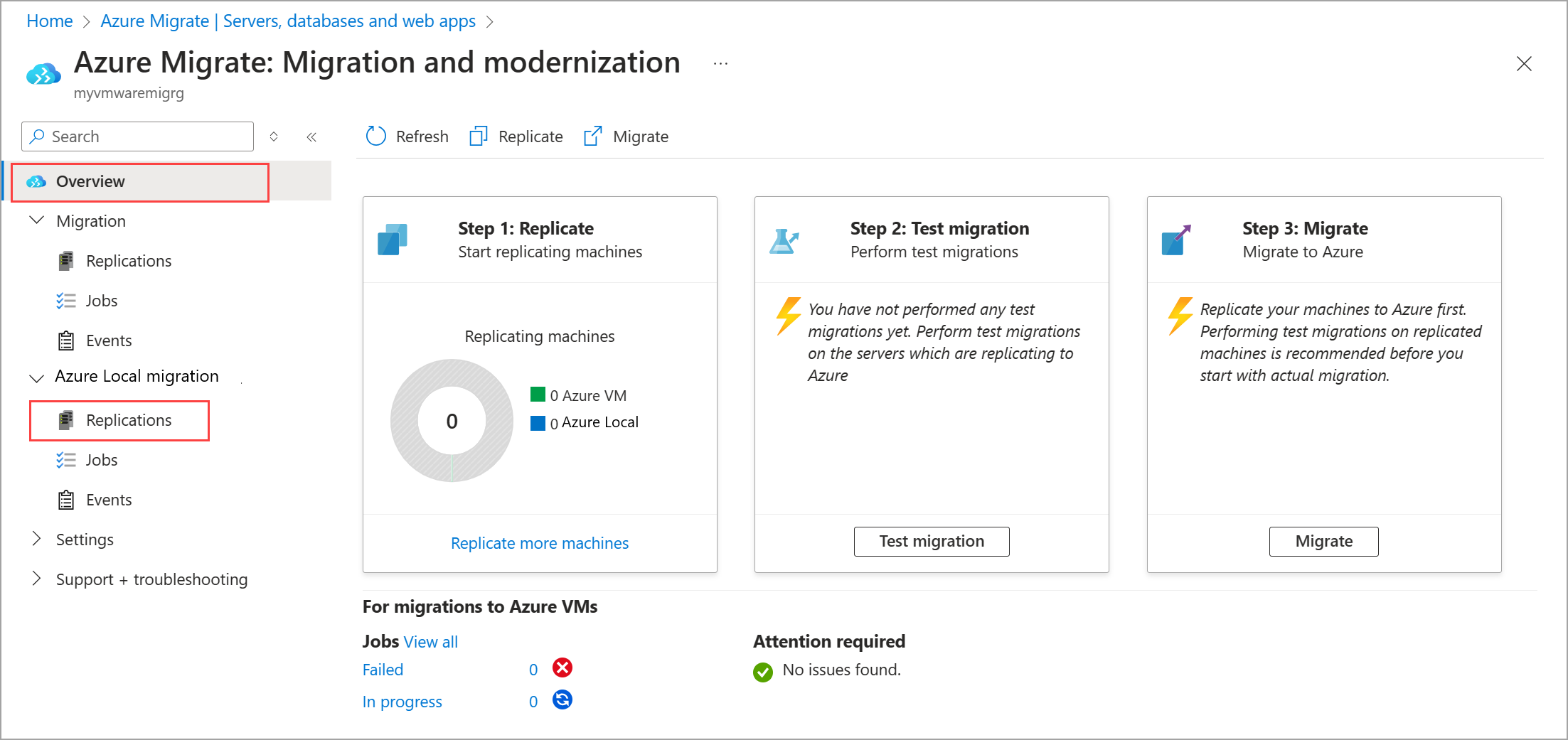 Schermopname van replicaties in lokale Azure-migratie in Azure Portal.