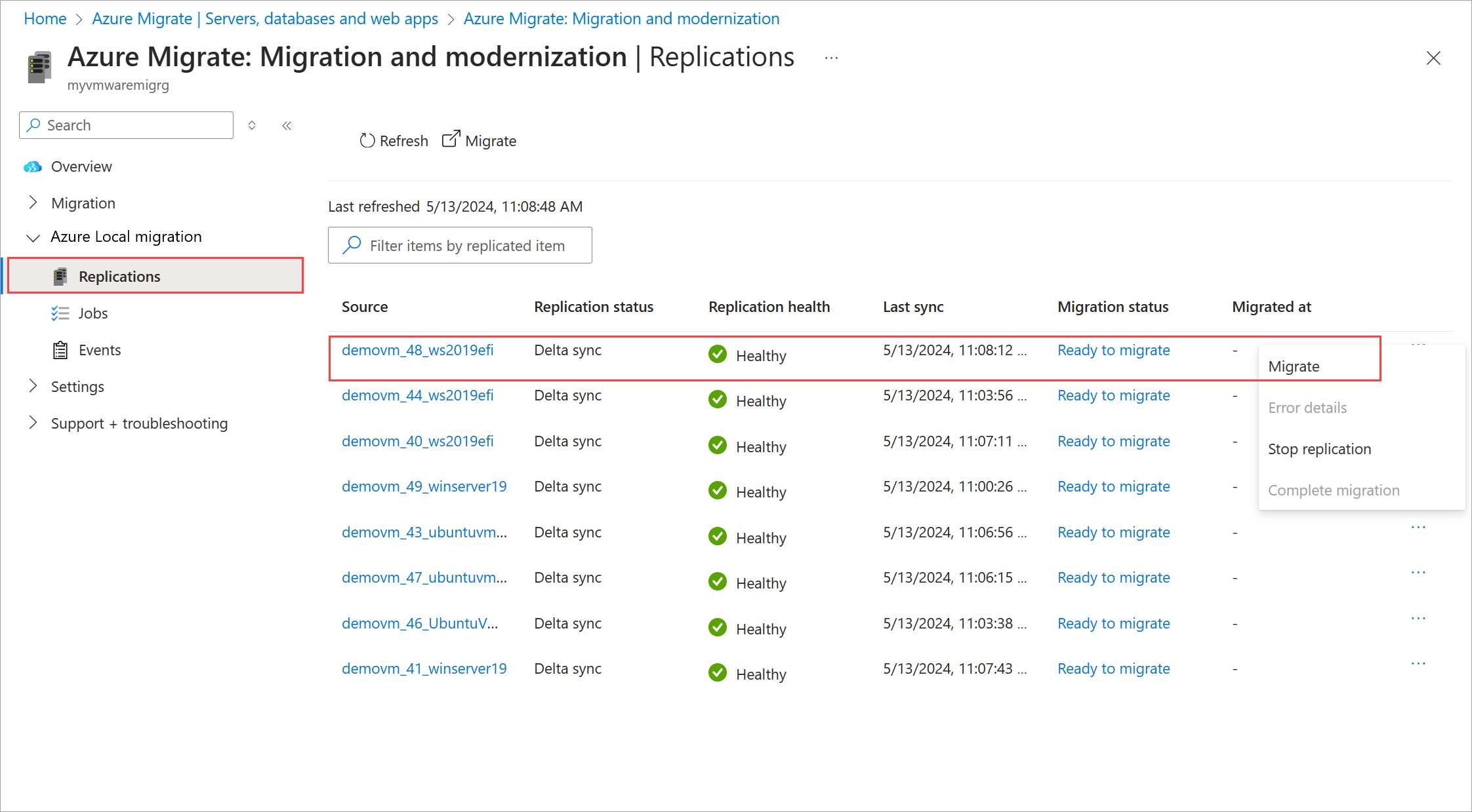 Schermopname van de pagina Migreren in Azure Portal met de optie Migrate geselecteerd in het contextmenu.