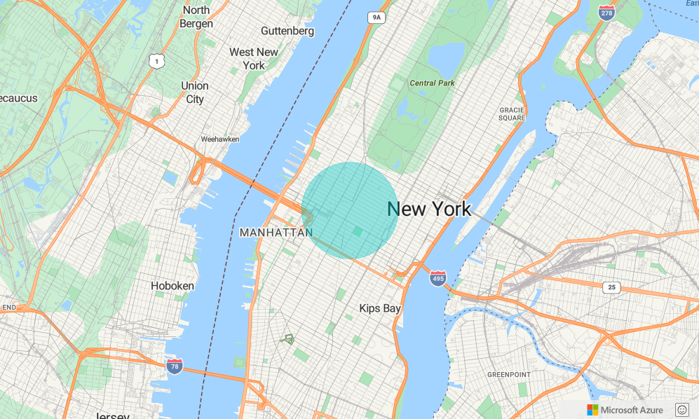 Een schermopname van een kaart met een gedeeltelijk transparante groene cirkel in New York City. Dit demonstreert het toevoegen van een cirkel aan een kaart.