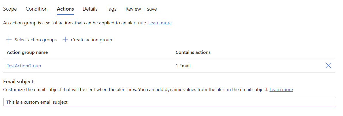 Schermopname van de gebruikersinterface voor het aanpassen van e-mail in Azure Portal.