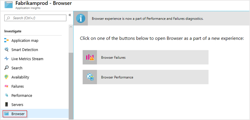 Schermopname van de pagina Browser in Application Insights waarin wordt getoond hoe u browserfouten of browserprestaties toevoegt aan de metrische gegevens die u voor uw webtoepassing kunt weergeven.