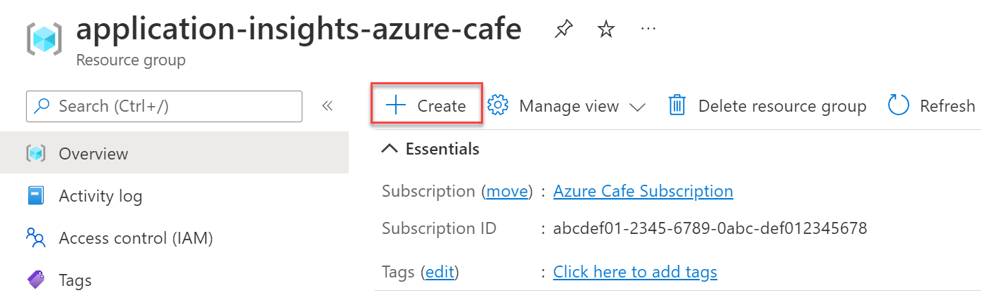 Schermopname van de resourcegroep application-insights-azure-café in de Azure Portal met de knop + Maken gemarkeerd in het werkbalkmenu.