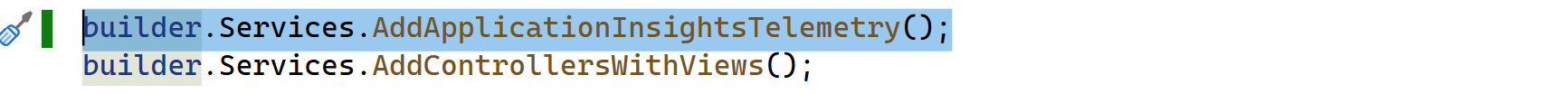 Schermopname van een codevenster in Visual Studio met het voorgaande codefragment gemarkeerd.