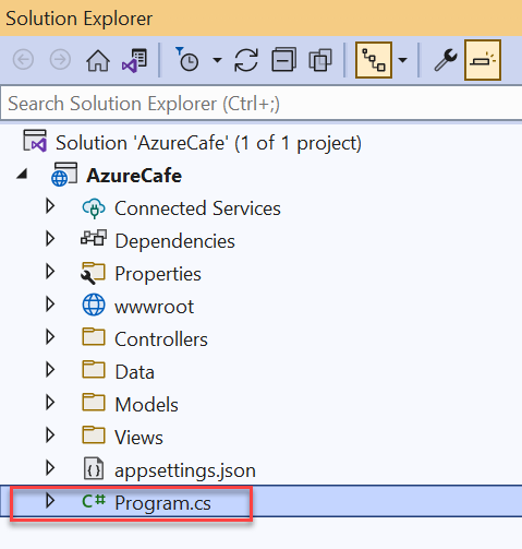 Schermopname van de Visual Studio-Solution Explorer met het bestand Program.cs gemarkeerd.