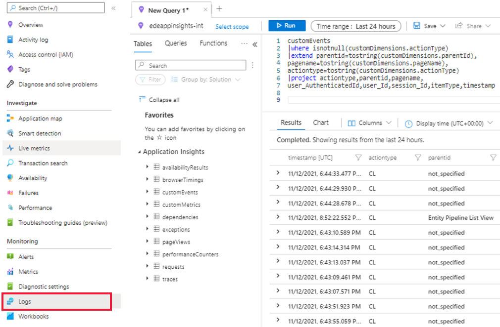 Schermopname van de sectie Logboek onder Bewaking in Application Insights. Geeft ook een voorbeeldquery weer in de logboeksectie om toepassingsgegevens op te halen.