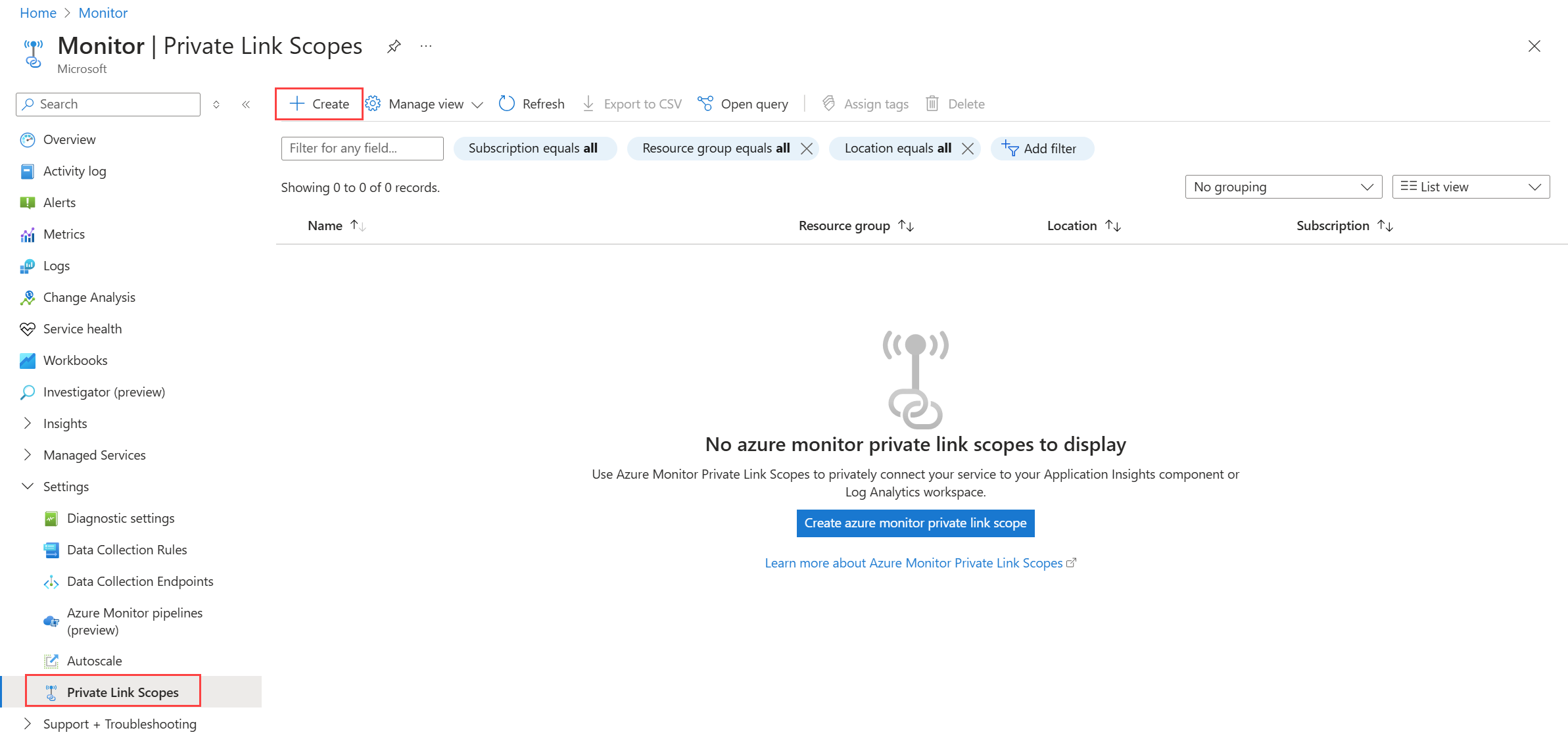 Schermopname van de optie voor het maken en azure Monitor Private Link-bereik.