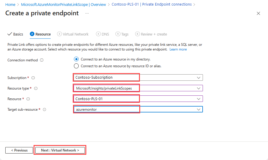 Schermopname van de pagina Een privé-eindpunt maken in Azure Portal met het tabblad Resource geselecteerd.