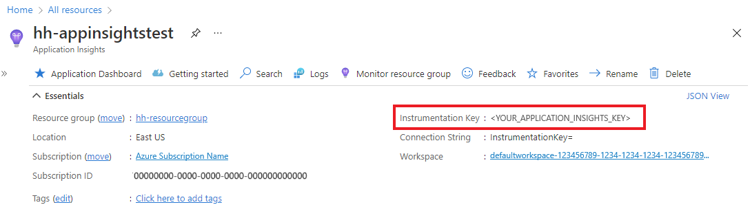 Schermopname van het vinden van de instrumentatiesleutel in de Azure Portal.