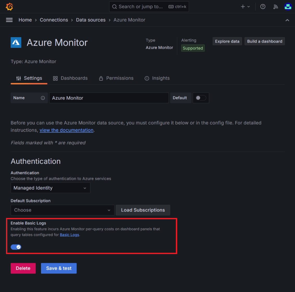 Schermopname van de wisselknop om Basislogboeken in te schakelen.