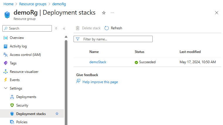 Schermopname van een implementatiestack in Azure Portal.