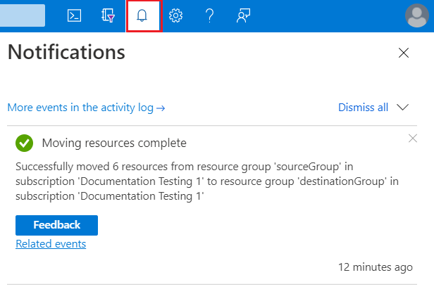 Screenshot of the Azure portal displaying a notification with the results of the move operation.
