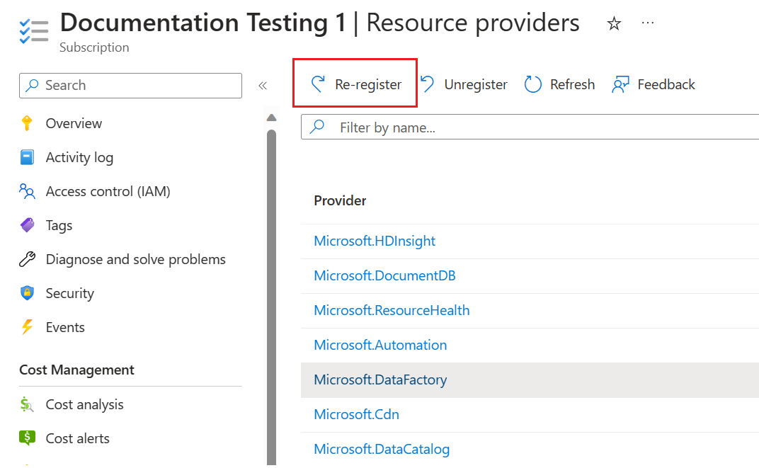 Screenshot of reregistering a resource provider in the Azure portal.