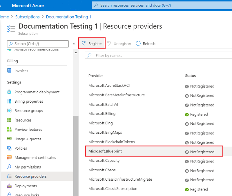 Screenshot of registering a resource provider in the Azure portal.