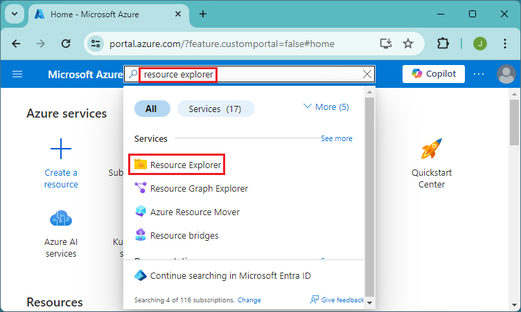 Schermopname van het selecteren van alle services in Azure Portal voor toegang tot Resource Explorer.
