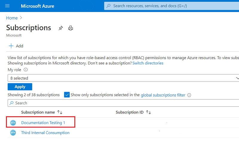 Screenshot of selecting a subscription in the Azure portal.