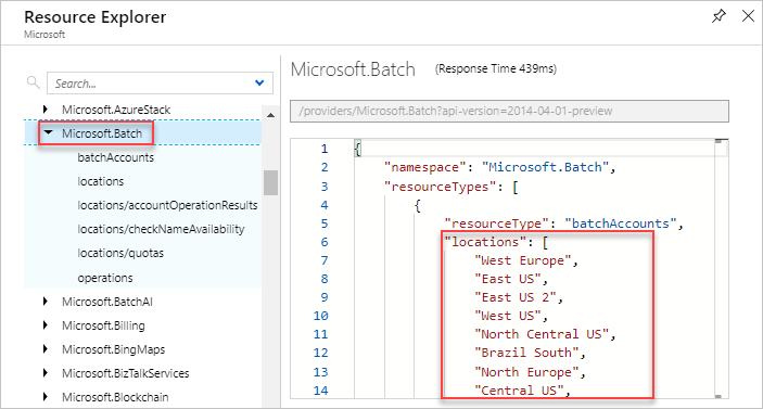 Screenshot of displaying valid locations for a resource type in the Azure Resource Explorer.