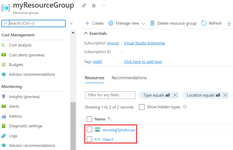 Schermopname van resourcegroep met opslagaccount en virtueel netwerk in Azure Portal.