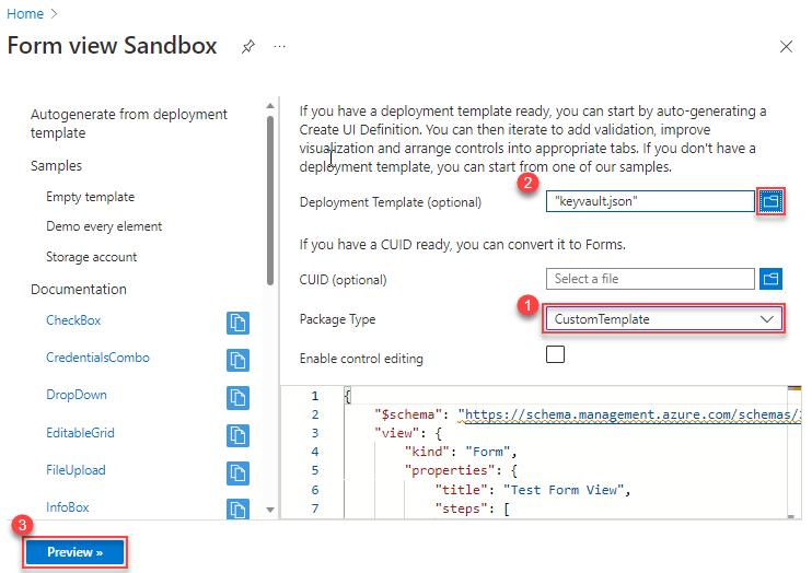 Schermopname van de sandbox-interface van Azure Portal formulierweergave.