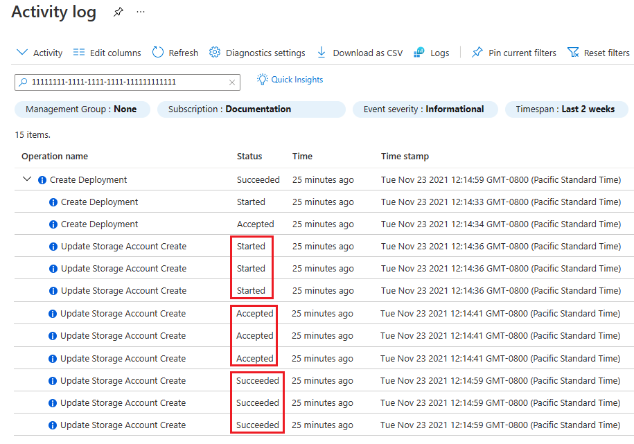 Schermopname van Azure Portal activiteitenlogboek met drie opslagaccounts die parallel zijn geïmplementeerd, met hun tijdstempels en statussen.