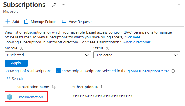 Schermopname van de lijst met abonnementen in Azure Portal, waarin een specifieke abonnementskoppeling wordt gemarkeerd.