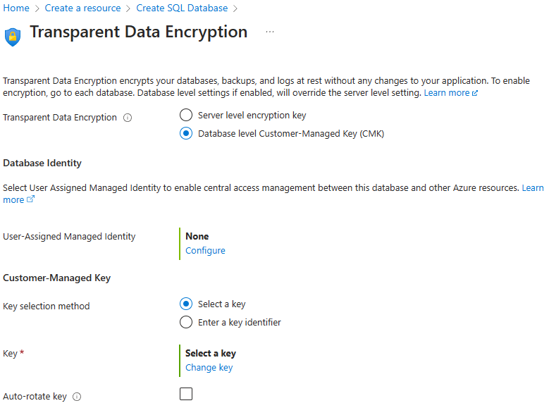 Screenshot configuring TDE for a database in Azure SQL.