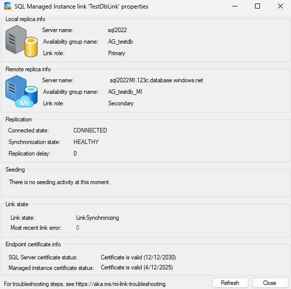 Schermopname van het venster Koppelingseigenschappen in SSMS. 