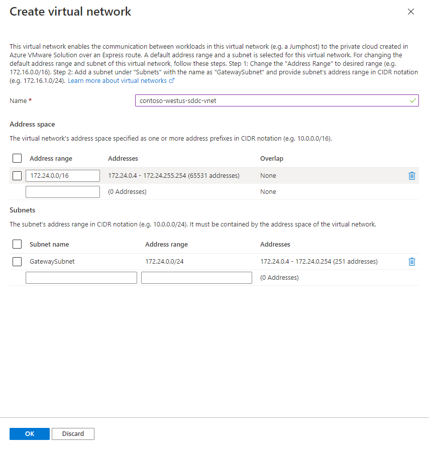 Screenshot showing the Create virtual network window.