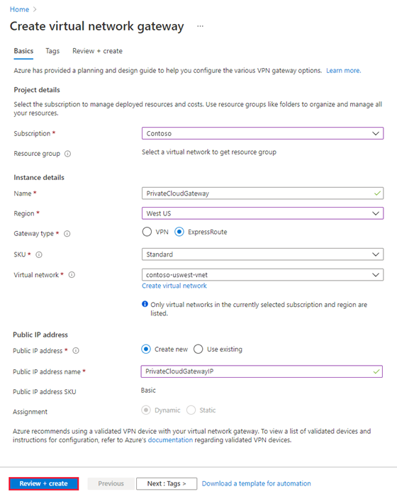 Screenshot showing the details for the virtual network gateway.