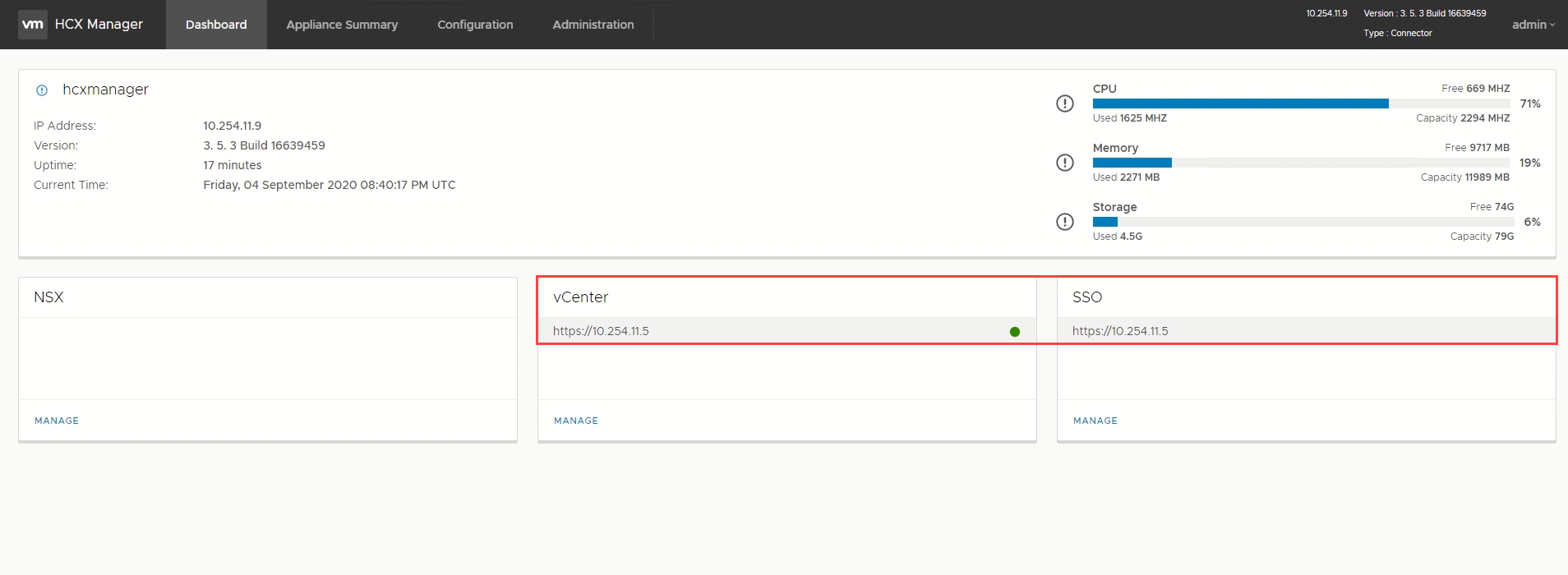 Schermopname van het dashboard met de status van de groene vCenter Server.