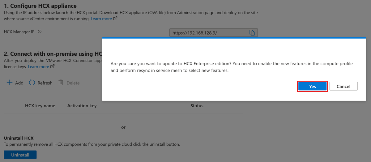 Schermopname met bevestiging om bij te werken naar VMware HCX Enterprise met behulp van het tabblad VMware HCX onder Invoegtoepassingen.
