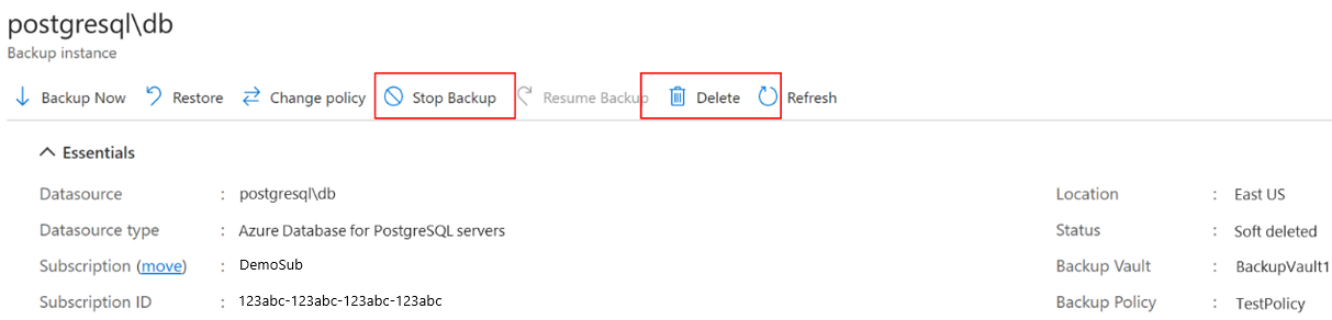 Schermopname die laat zien hoe u het stopzettingsproces voor back-upitems kunt initiëren in de Backup-kluis.
