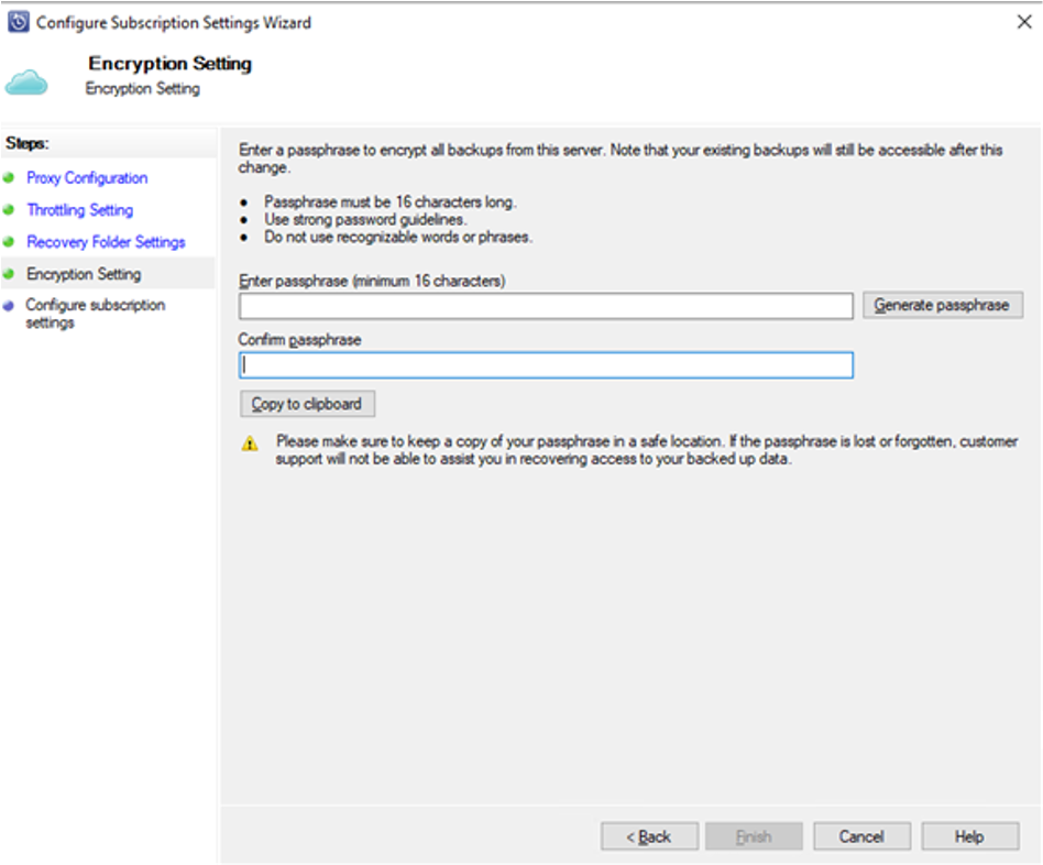 Screenshot showing the process to provide passphrase following the Configure Subscription Settings Wizard.