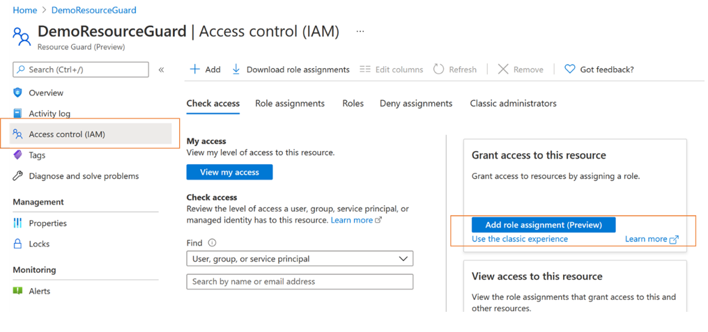 Screenshot showing demo resource guard-access control for Backup vault.