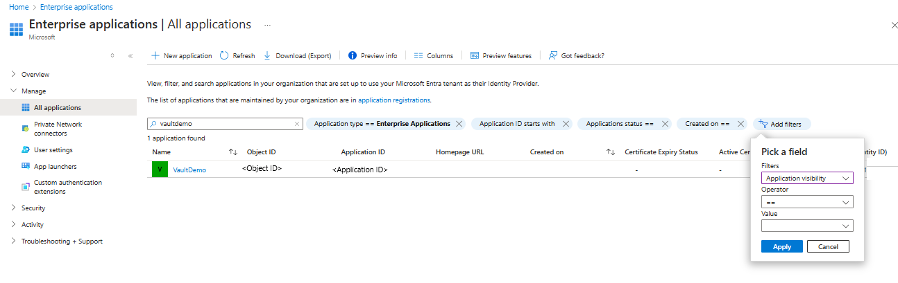 Screenshot showing the process to copy the Application ID of the vault.