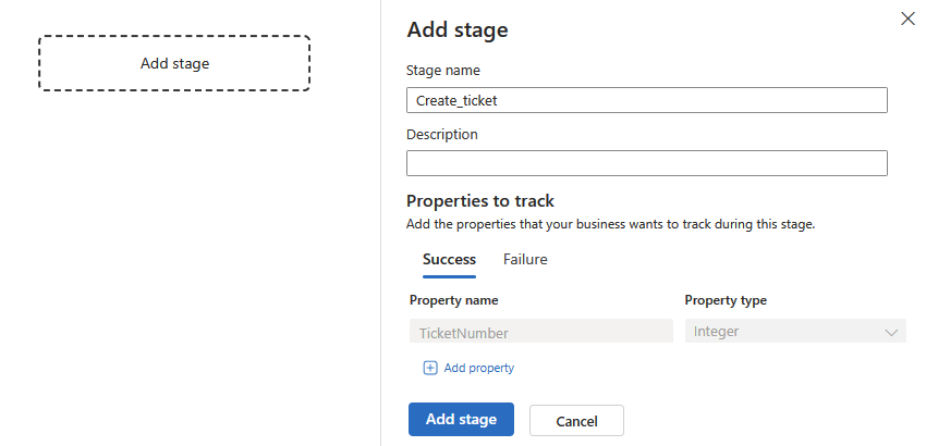 Schermopname met het deelvenster Add stage with stage name, description, and properties to track.