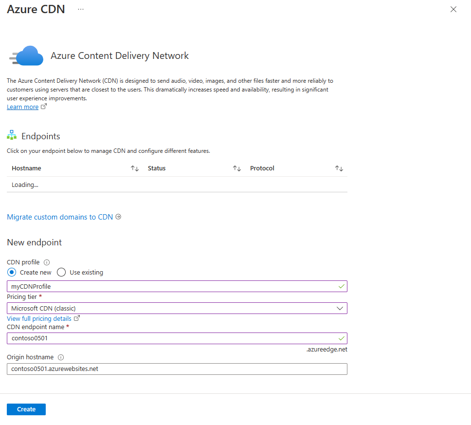 Schermopname van het azure Content Delivery Network-profiel en -eindpunt maken in de portal.