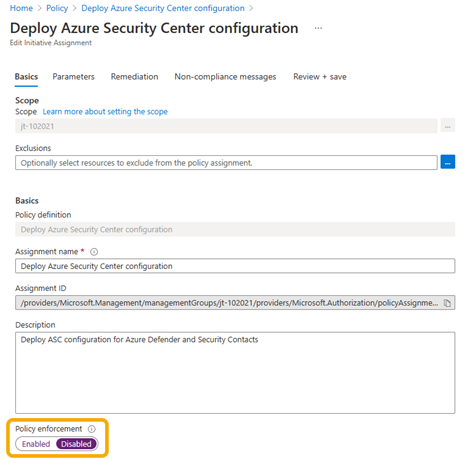 Stel de afdwingingsmodus in op Uitgeschakeld in Azure Portal.