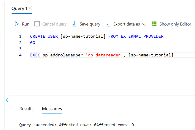 Screenshot that shows how to execute statements in the query editor.