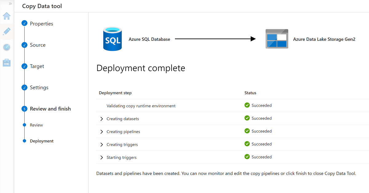 Screenshot that shows the Copy Data tool deployment completed.