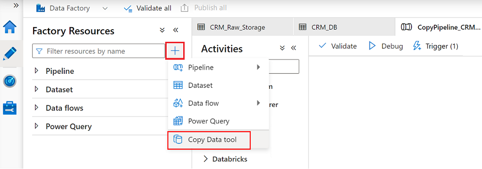Screenshot that shows the Copy Data tool under factory resources.