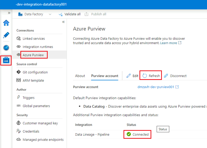 Screenshot that shows the Azure Data Factory Purview account pane with the data lineage pipeline connected.