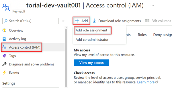 Screenshot that shows the Access Control pane, with the add role assignment button highlighted.