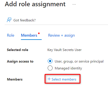 Screenshot that shows the add role assignment pane with the select member button highlighted.