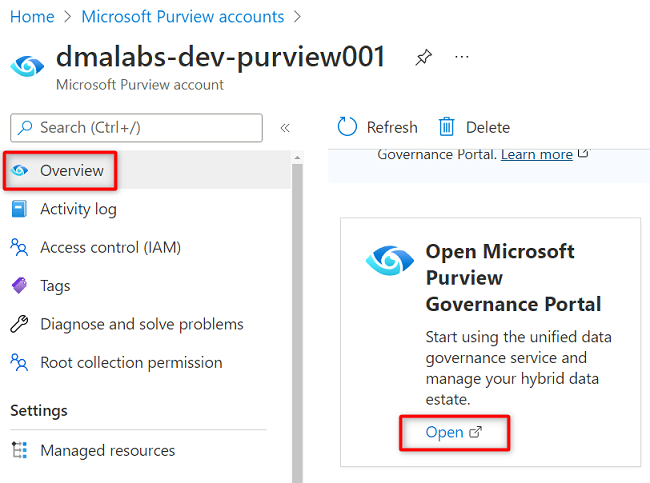 Screenshot that shows the Microsoft Purview account overview.