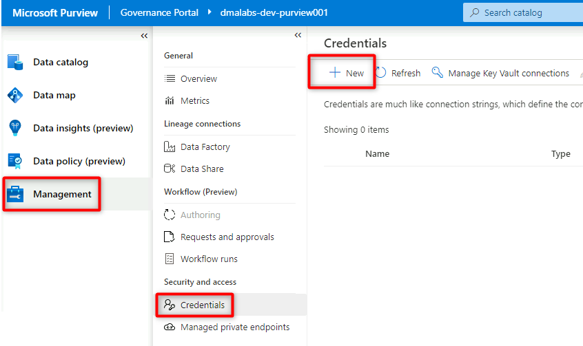 Screenshot that shows the new Purview Credentials pane.